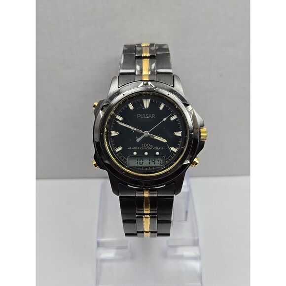 Pulsar Other - Pulsar by Seiko V0720050 Alarm Chrono Ana Digi Watch Black Gold Mens New Battery